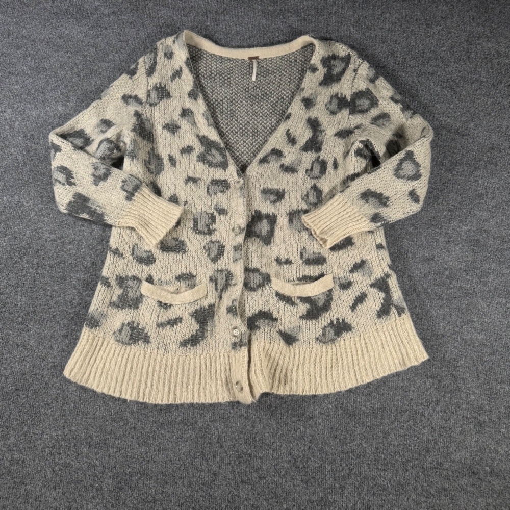 Free People Leopard Print Cardigan Wool Blend Knit Sweater Button Front Large